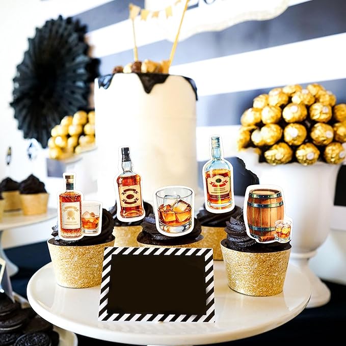 40pcs Edible Whiskey Cupcake Toppers Whiskey Man Happy Birthday Decorations Oktoberfest Festival Theme Decorations Supplies