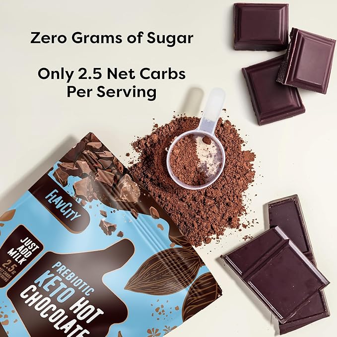 FlavCity Prebiotic Keto Hot Chocolate Mix - Vegan, Sugar & Dairy-Free Hot Chocolate - High Fiber, Low-Carb - 45 Calories per Serving - With Organic Cocoa & Coconut Milk Powder (20 Servings)