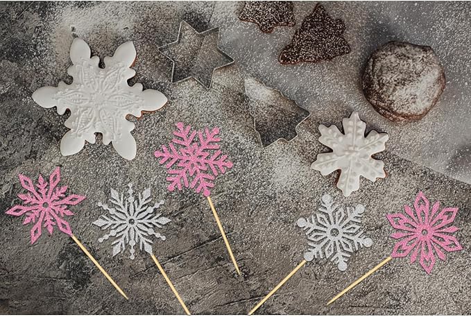 24PCS Glitter Snowflake Cupcake Toppers for Snowflake Decorations, Frozen Snowflake Cake Topper, Christmas Snowflake Cake Picks for Winter Decorations (Pink)