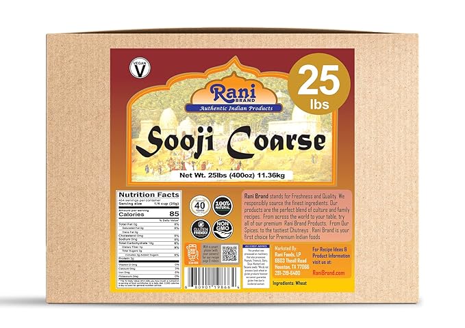 Rani Sooji Coarse (Farina, Suji, Rava, Rawa, Wheat Semolina) Flour 400oz (25lbs) 11.36kg Bulk Box ~ All Natural | Vegan | NON-GMO | Indian Origin