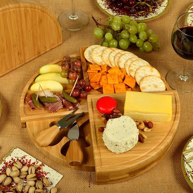Picnic at Ascot Patented Personalized Monogrammed Engraved Bamboo Cheese/Charcuterie Board with Cheese Knives- Designed & Quality Checked in The USA