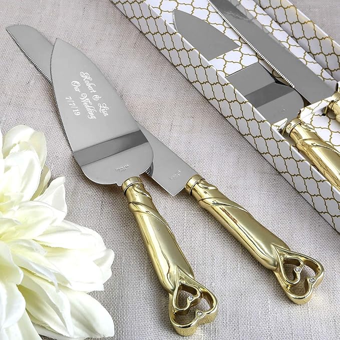 GIFTS INFINITY® Personalized Gold Interlock Hearts Wedding Cake Knife and Server Set Free Engraving (2536) - Valentine's Day Gift