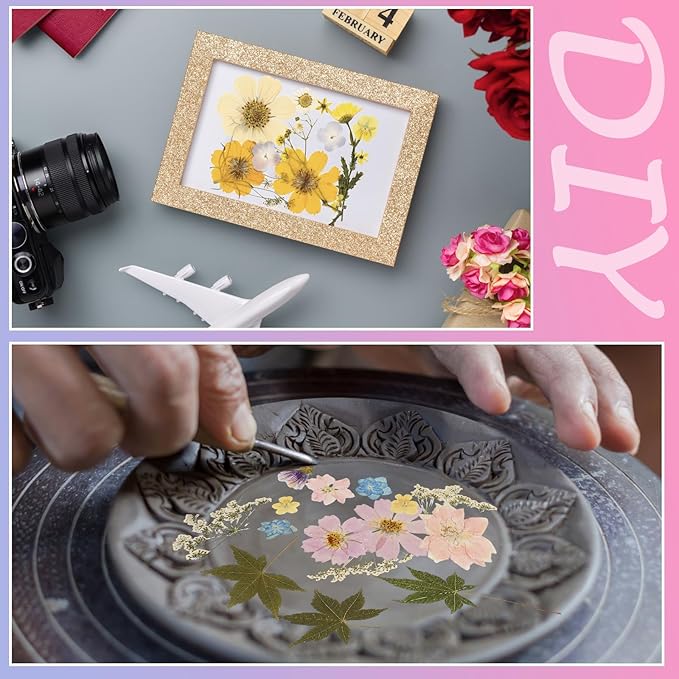 Nuanchu Pressed Flowers Bulk Dried Flower for Crafts, Dried Wildflowers Leave Natural with Tweezer for Resin Mold Scrapbooking Nail Soap Making DIY (Watercolor Style,Romantic Color)