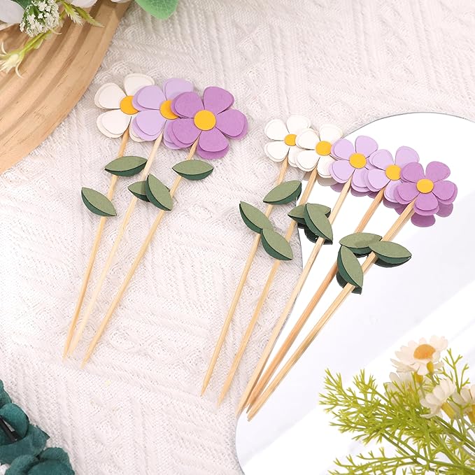 8Pcs Purple White Flowers Cake Toppers - Spring Floral Birthday Wedding Decorations,Bohemian Flower Party Cupcake Toppers,Purple Daisy Floral Cake Centerpieces,Sweet Garden Party Photo Props