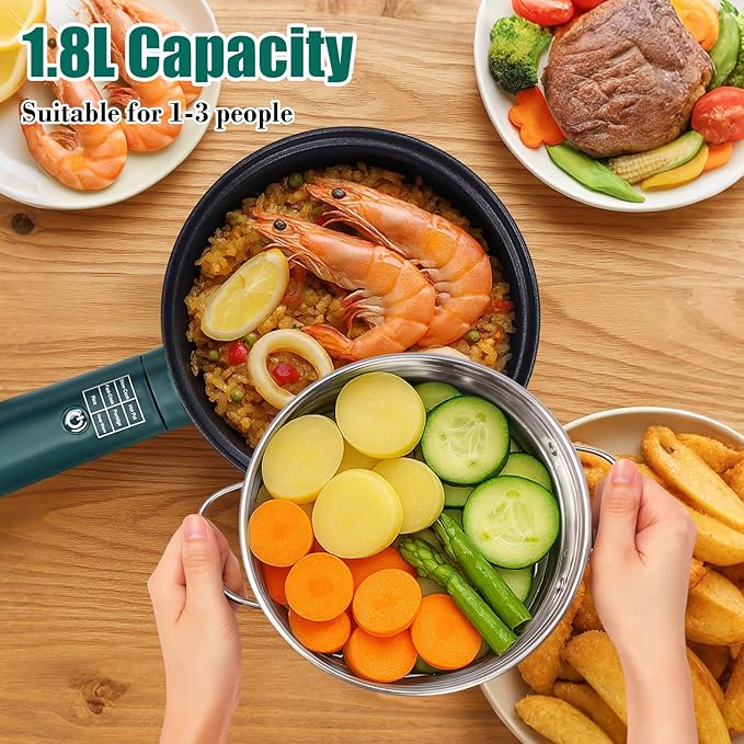 Hot Pot Electric with Steamer,6 Smart Modes, 1.8L Ramen Cooker, Portable Cooker, Non-Stick Frying Pan, Saut챕 Pan, Electric Pot for Pasta, Egg, Steak, BPA Free, College Dorm Room Essential