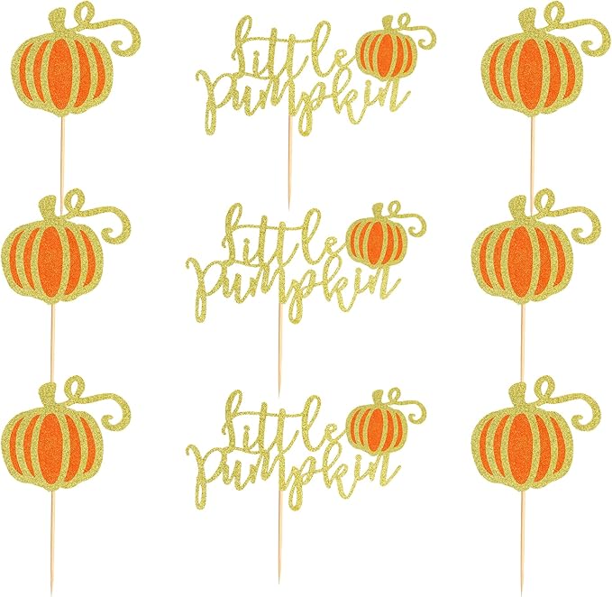 24Pcs Little Pumpkin Cupcake Toppers Fall Pumpkin Cupcake Picks for Thanksgiving Halloween Baby Shower Kids Birthday Party Cake Decorations Supplies - Gold Orange Glitter