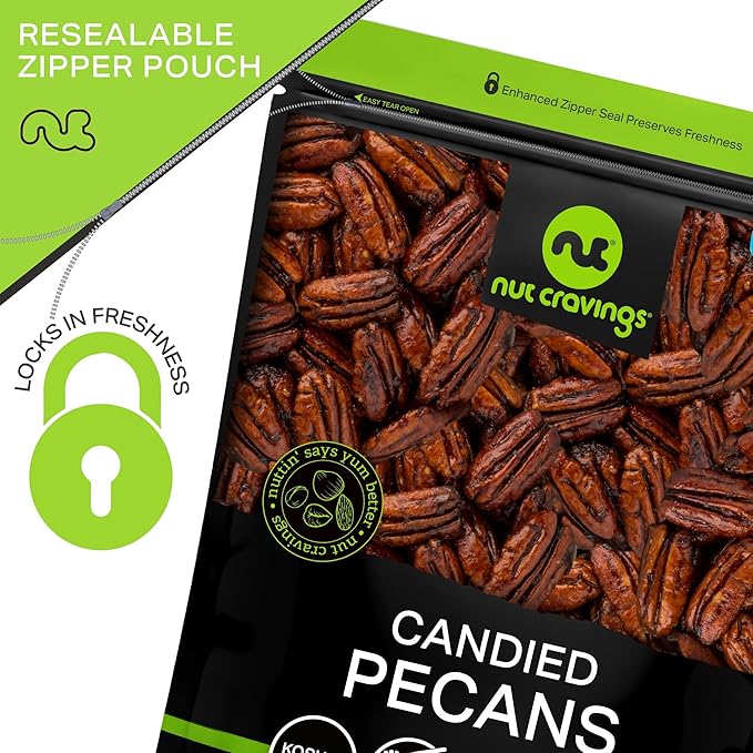 NUT CRAVINGS - Candied Pecans Honey Glazed Praline, No Shell (48oz - 3 LB) Bulk Nuts Packed Fresh in Resealable Bag - Healthy Protein Food Snack, Food Assortments