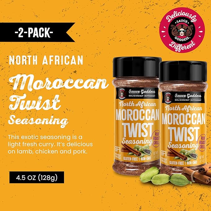 Sauce Goddess Moroccan Twist Spice Shaker (2-Pack) - Exotic Blend of Cardamom, Cinnamon, and More. Spices and Seasonings, No Sugar, Gluten-Free, Low in Sodium, Vegan-Friendly BBQ Rub