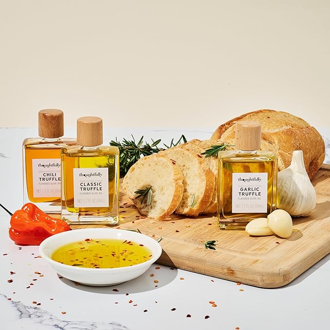 Thoughtfully, Truffle Oil Trio, Includes Classic, Garlic, and Chili Truffle Infused Olive Oil in 1.7 oz Glass Bottles, Set of 3