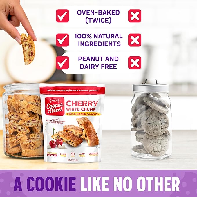 Cooper Street Italian Biscotti Cookies - Twice Baked Biscotti Style Cookie Biscuits in Delicious Cherry White Chunk Flavor | Crispy, Light and Healthy Cookies | Peanut & Dairy Free | 1.25oz - 24 Pack