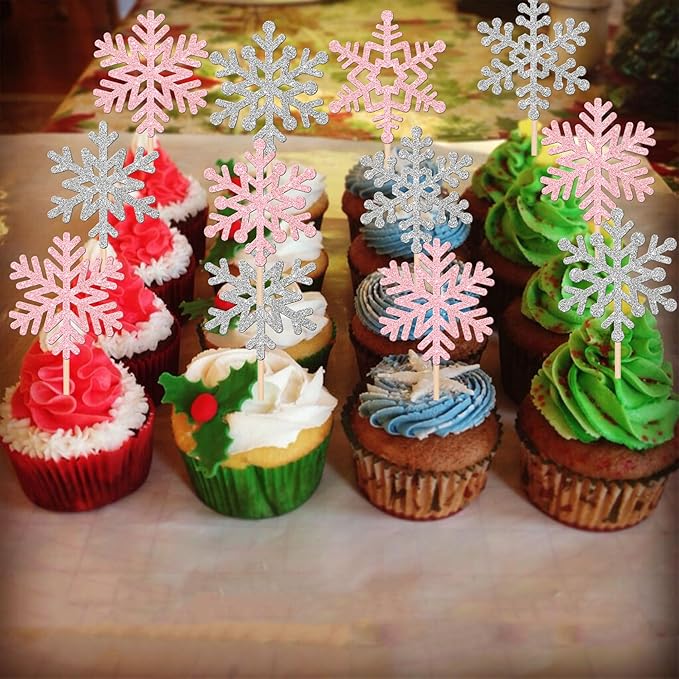 24 PCS Snowflake Cupcake Toppers Glitter Frozen Snowflake Cupcake Picks Winter Wonderland Cake Decorations for Winter Frozen Theme Baby Shower Kids Birthday Christmas Party Supplies Silver Pink