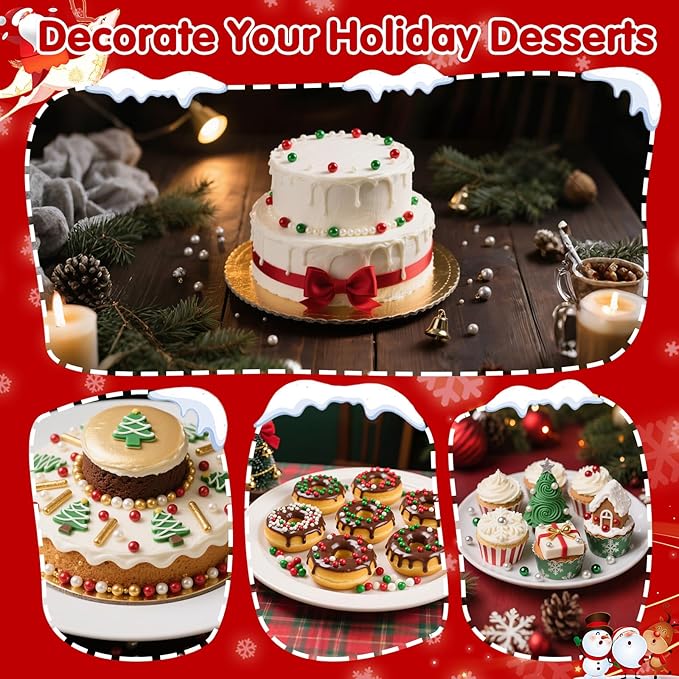 Christmas Sprinkles Pearls for Cake Decorating,130g Red Green White and Silver Pearl Mixed,Edible Sugar Holiday sprinkle for Cupcake Toppers, Cookie, Ice Cream Decorations Christmas Party