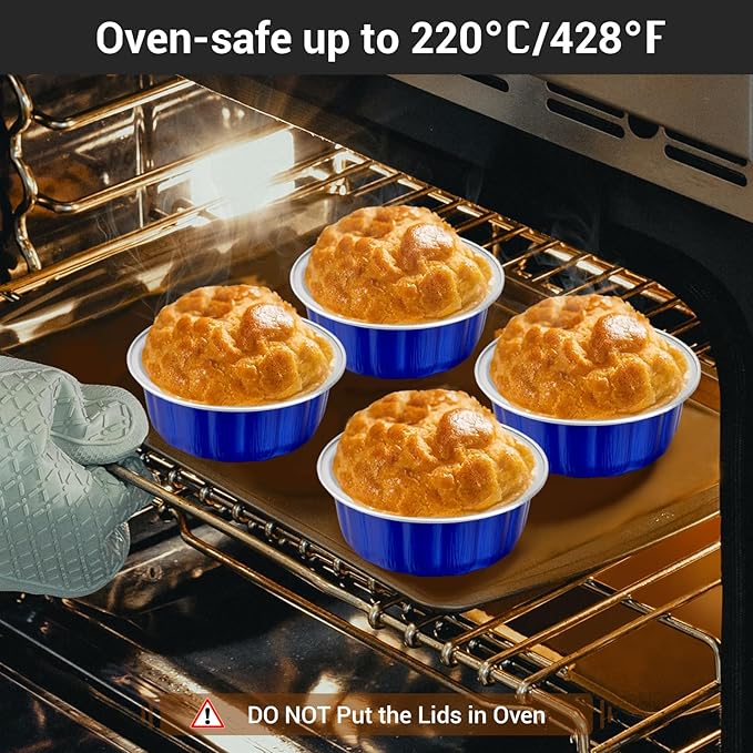 EUSOAR Aluminum Pans with Lids, 50pcs 9oz Dark Blue Disposable Ramekins with Lids, Cake Transport Container Bakery Cheesecakes Muffins Pie Round Holders for Wedding Birthday Theme Party