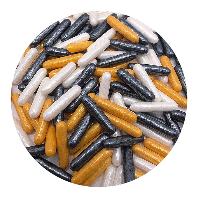 NCS Pearlized Black, Gold and White Small Shaped Rod Decorative Cake or Cupcake Edible Topper, 8 ounces