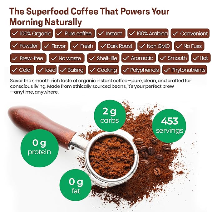 Z Natural Foods Organic Instant Coffee Powder - Rich Dark Roast Flavor, Arabica Instant Espresso Powder with Antioxidants to Boost Energy, Mood & Focus - Gourmet Instant Coffee in Resealable Bag, 3 lbs