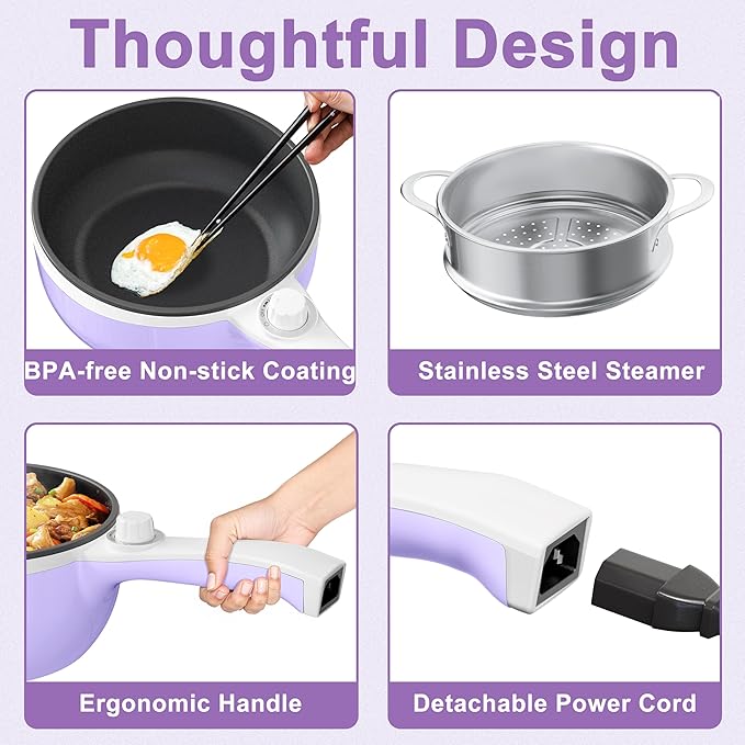 Dezin Hot Pot Electric with Steamer Upgraded, Non-Stick Saut챕 Pan, Rapid Noodles Electric Pot, 1.5L Mini Pot for Steak, Egg, Fried Rice, Ramen, Oatmeal, Soup with Power Adjustment