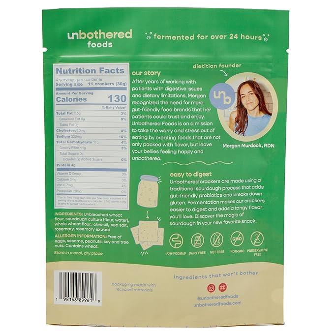 Unbothered Foods Rosemary & Sea Salt Sourdough Crackers - Gut-Friendly & Easy to Digest, Non-GMO, No Added Sugar, Nut-Free, Perfect for Cheese & Snacks, 100% Naturally Fermented (3-pack)