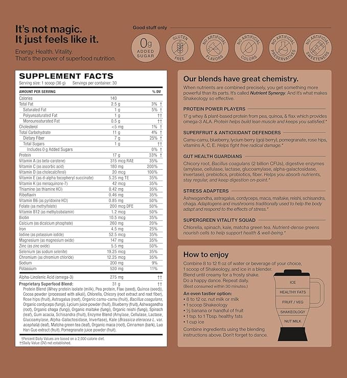Shakeology 0g Added Sugar Whey Protein Powder Blend, Gluten-Free Shake with Vitamins and Minerals ??Helps Support Healthy Weight Loss, Lean Muscle, Gut Health ??Chocolate, 30 Servings