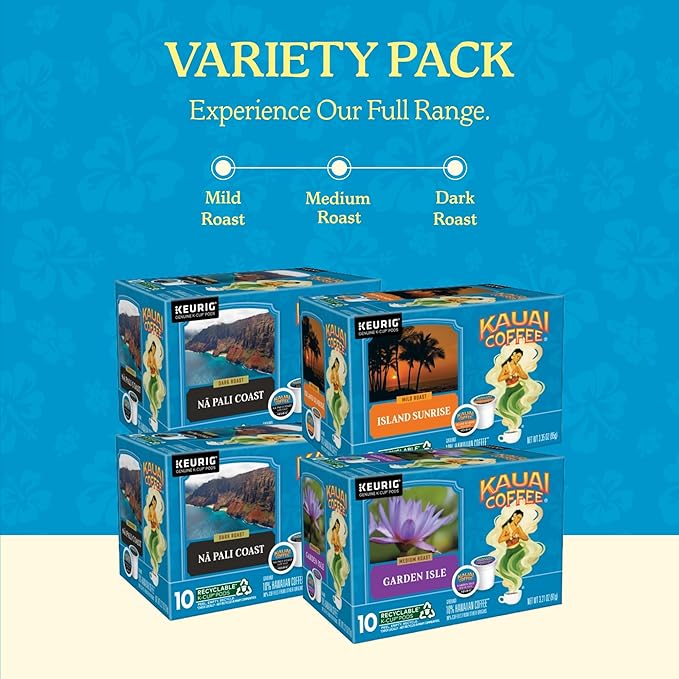 Kauai Coffee K-Cup Pods for Keurig Brewers – Arabica Coffee, 10% Hawaiian – Medium Roast, Rich, Smooth, No Bitterness – Three Flavors, 4 Packs of 10 Single Serve K-Cups