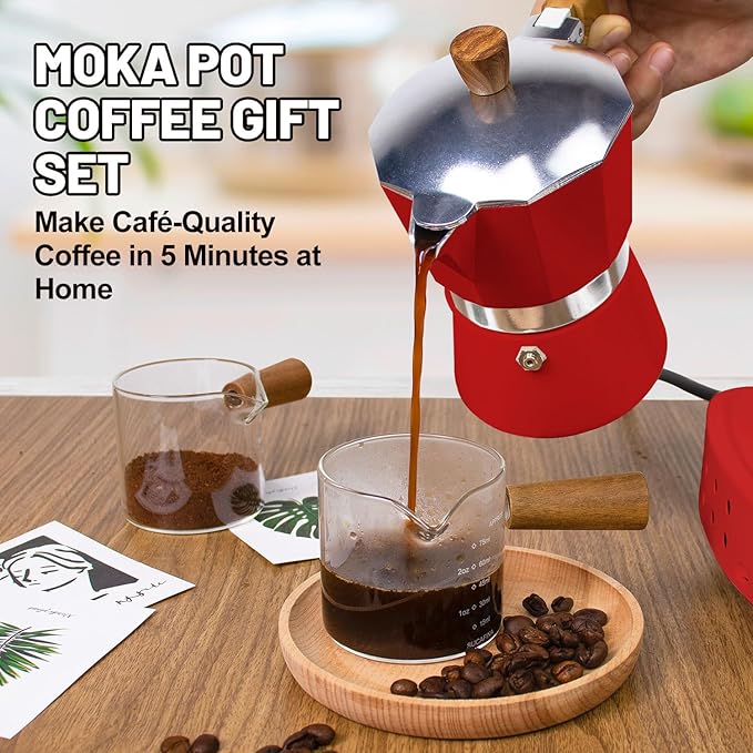 2-in-1 Moka Pot Espresso Set with Electric Stove 3 Cup Aluminum Stovetop Coffee Maker Percolator Italian Classic Mocha Coffee Machine for Italian and Cuban Cafe Brewing Portable Camping Red