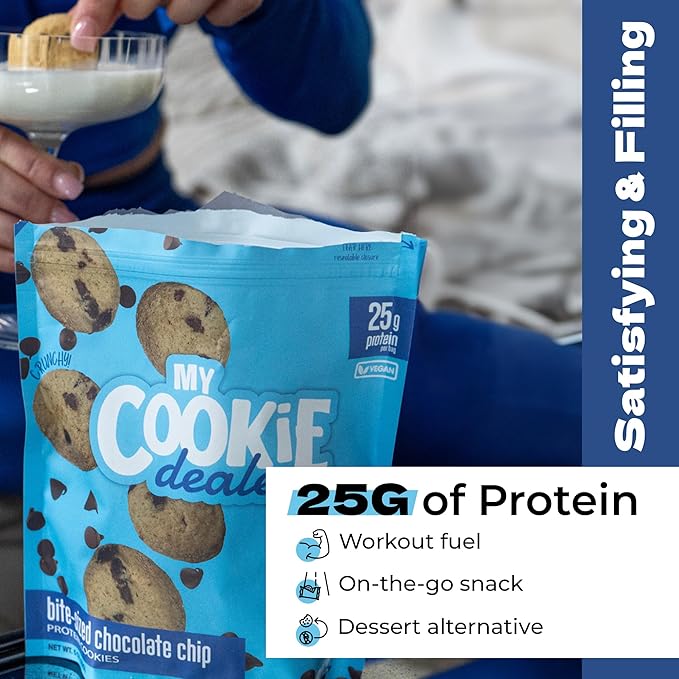 My Cookie Dealer Protein Cookies, Bite-Sized Crunchy Chocolate Chip Cookies (5oz, Pack of 6) - 25g Protein per Bag - Individually Wrapped Workout Snacks for On-The-Go Travel, Vegan