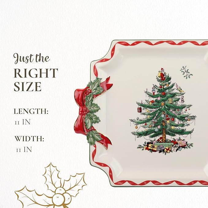 Spode Christmas Tree Ribbons Square Platter with Bow Handles - 11-Inch Holiday Serving Plate for Desserts, Appetizers, and Treats - Festive Christmas Dinnerware with Gold Accents - Dishwasher Safe