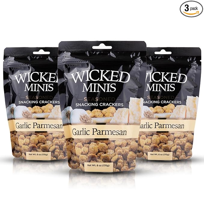 Wicked Minis Soup & Oyster Crackers-Saltine Crackers Salted Flavored Mini Puffed Soup Crackers, Savory Snacking Mix Seasoned Croutons Salad Toppers, Crackers for Chili 6oz(Garlic Parmesan, Pack of 3)