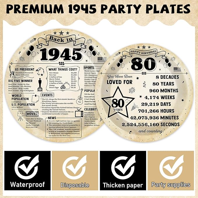 96Pcs Back in 1945 Birthday Plates and Napkins 80th Party Decorations Vintage 80 Year Old Party Dessert Plates 1945 Tableware for 24 Guests 80th Theme Men Women Birthday Supplies ??"<div>