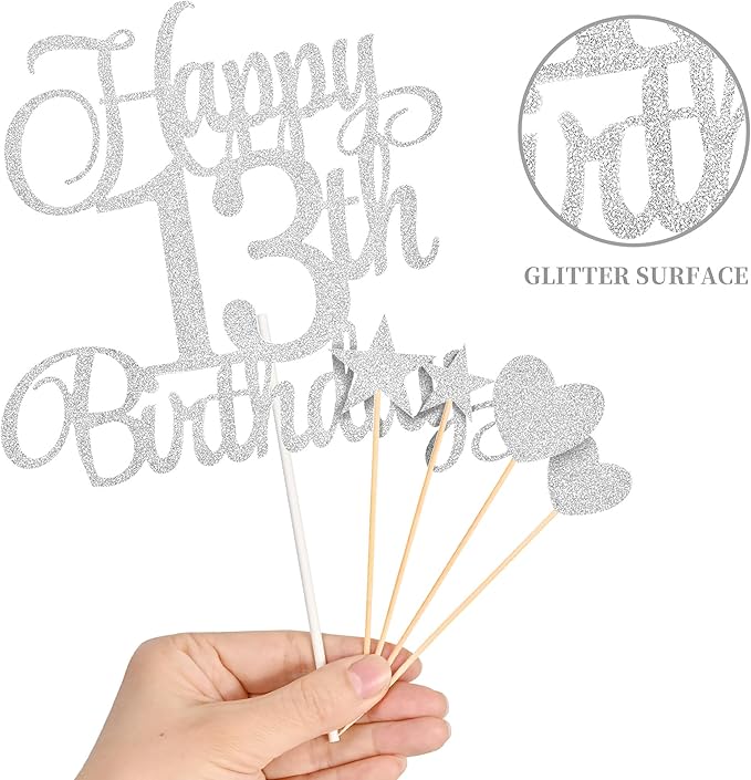 13th Birthday Cake Decorations, 13th Birthday Candles Cake Numeral Candles and Glitter Happy 13th Birthday Cake Toppers Set for Birthday Party Supplies (Silver)