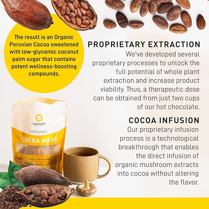 Enerhealth Botanicals Cocoa Mojo ??Certified Organic Hot Chocolate Peruvian Cocoa Mix, Sweetened with Low Glycemic Coconut Palm Sugar and Infused with 6 Mushroom Extracts to Boost Immunity ??16 oz