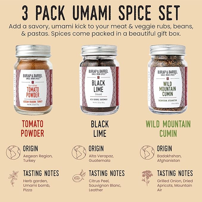 Burlap & Barrel Taco Seasoning Single Origin Spice Set - Wild Mountain Cumin, Sun-Dried Tomato, Ground Black Lime - As seen on Shark Tank - 3 Full Size in a Gift Box