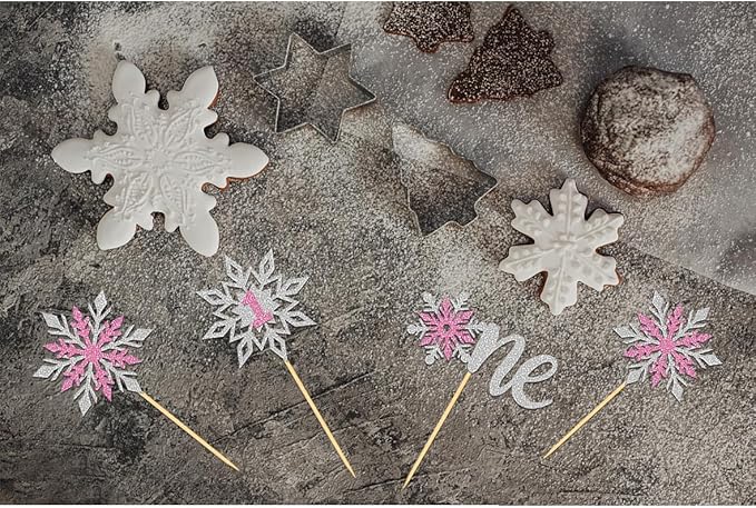 24PCS Glitter Snowflake 1st Birthday Cupcake Toppers, Frozen Snowflake One Cake Topper for Winter 1st Birthday Decorations, Snowflake Baby Shower Decorations (1st pink)
