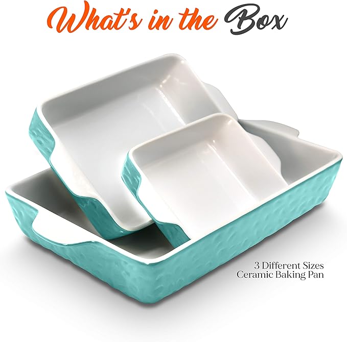 NutriChef 3-Piece Nonstick Ceramic Bakeware Set - PFOA PFOS PTFE Free Baking Tray Set w/Odor-Free Ceramic Non-stick Coating, 446°F Oven Safe Microwave/Dishwasher Safe Rectangular Baking Pan NCCREX3