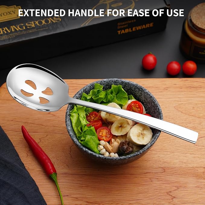 4 Piece Stainless Steel Serving Spoons Set - 2 Large, 2 Slotted, 9.2-Inch, Dishwasher Safe, for Parties/Kitchen/Buffet/Catering