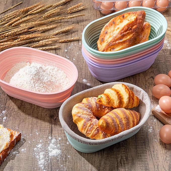 Nuogo 9 Pack Oval Bread Proofing Basket Silicone 10 Inch Collapsible Sourdough Bread Baking Supplies Dough Proofing Bowl with Dough Scraper and Basket Covers for Making Bread