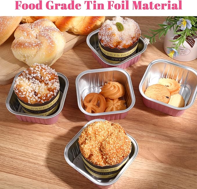 100Pack Mini Cake Pans with Lids And Spoons, 5oz Square Mini Loaf Pans with Lids, Disposable Cupcake Ramekins Small Cake Pans Aluminum Cups with Lid, Foil Baking Cups Dessert Containers for Party Pink