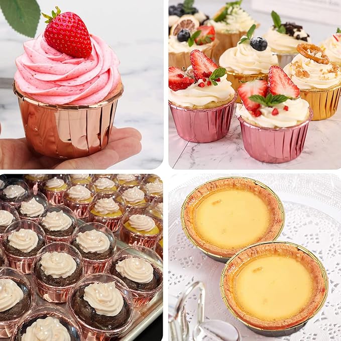Foil Cupcake Liners with Dome Lids 100Pack,Free-Air 3.5Oz Cups for Baking,Disposable Ramekins Muffin Tins Cupcake Wrappers, with Spoons-Red in gold