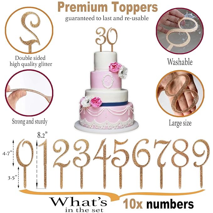 10 PCS Gold Acrylic Cake Topper Numbers - Large Sturdy Number Cake Decorations, Happy Birthday Decor for All Ages, Men and Women, Custom Toppers from 1st Birthday to 100+