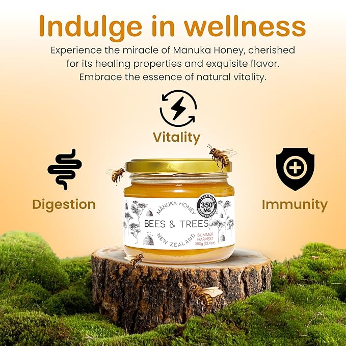 Bees & Trees Manuka Honey 350+ MGO – Pure New Zealand Raw Monofloral Honey – Unpasteurized & Natural – 380g (13.4oz) Glass Jar – Perfect for Coffee, Tea & Daily Wellness