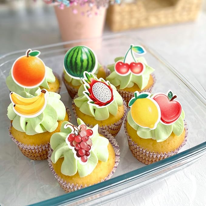 40Pcs Edible Tutti Fruity Fruit Cupcake Toppers - Fruit Drink Topper Tropical Summers Kids Happy Birthday Cake Toppers for Baby Shower Wedding Party Decorations