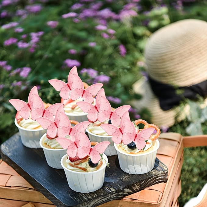 48 PCS Edible Butterfly Cupcake Toppers - Wafer Paper for Cake Decorating - Pink Butterfly Theme Baby Shower, Wedding, Birthday Party Cake Decorations Supplies