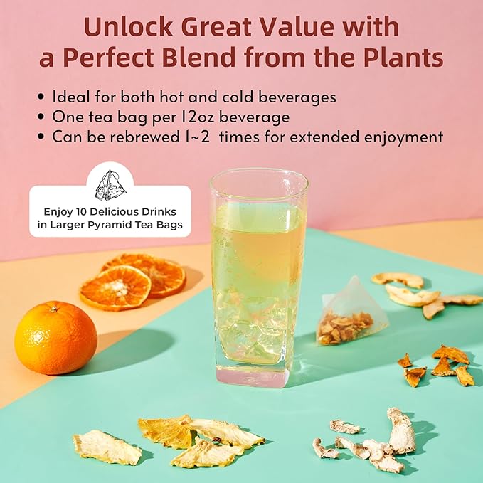 FOODHO Fruit Herbal Blend Functional Tea for Vitality with Honey Tangerine, Apple, Pineapple, Ginger and Turmeric, Hot or Iced Refreshingly Fruity, 10 Decaf Tea Bags