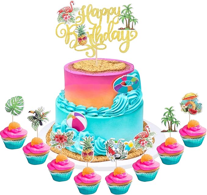 41 Pack Happy Birthday Cupcake Toppers Glitter Flamingo Plam Tree Pineapple Cupcake Picks Summer Beach Tropical Luau Cupcake Decorations for Summer Theme Birthday Party Supplies