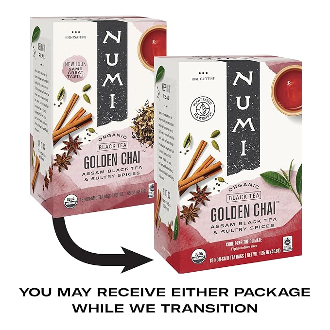 Numi Organic Golden Chai Tea, 18 Tea Bags, Assam Black Tea, Cardamom, Ginger & Anise (Packaging May Vary)
