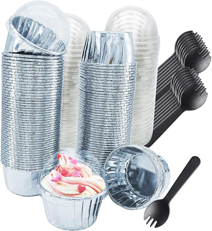 Foil Cupcake Liners with Lids 100Pack,Free-Air 3.5Oz Foil Baking Cups Mini Muffin Liners,Disposable Muffin Tins Muffin Cups,Sturdy Baking Tins Cupcake Wrappers for Individual Bakery,with Spoons-Silver