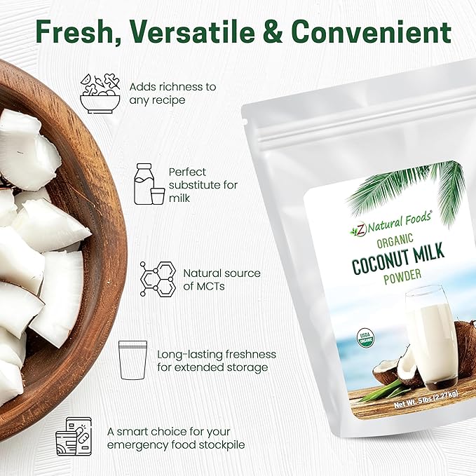 Z Natural Foods Organic Coconut Milk Powder - All-Natural Vegan Dairy-Free Alternative with MCTs - Unsweetened Coconut Creamer for Coffee & Smoothies - Gluten-Free, Non-GMO, 5 lbs