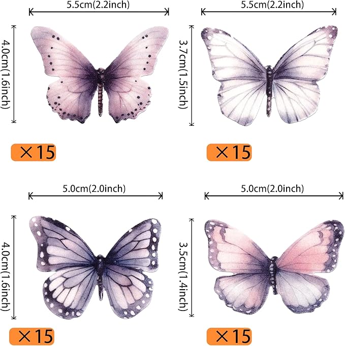 Rsstarxi 60 Pack Edible Butterfly Cupcake Toppers, Edible Butterfly Cake Decorations Butterfly Birthday Party Decorations for Baby Shower Wedding Anniversary Birthday Party Decorations Supplies Purple