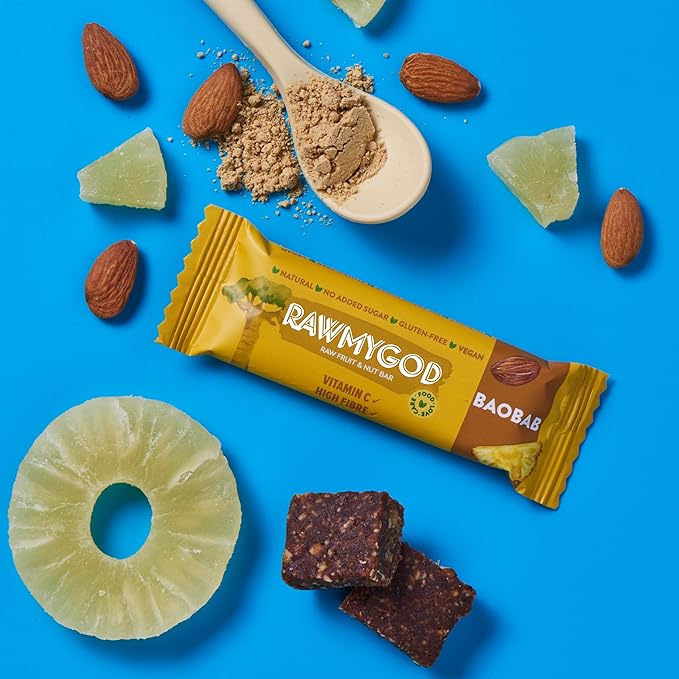 RAWMYGOD Fruit and Nut Bars, Gluten Free, Vegan, No Added Sugar (20 bars, Baobab)