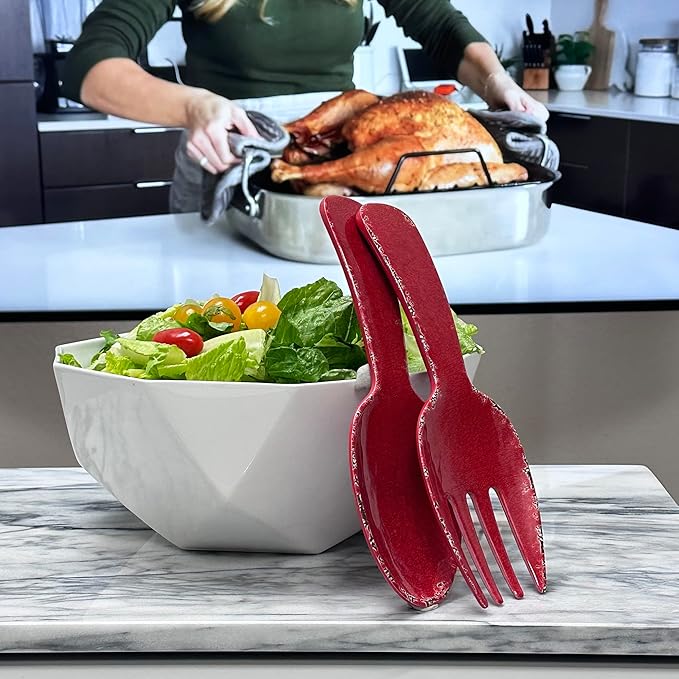 UPware Crackle Melamine Salad Servers, Serving Utensil Set, Includes Serving Fork and Spoon for Tossing Salad, Pasta, Red, 10.75 Inch, Set of 2
