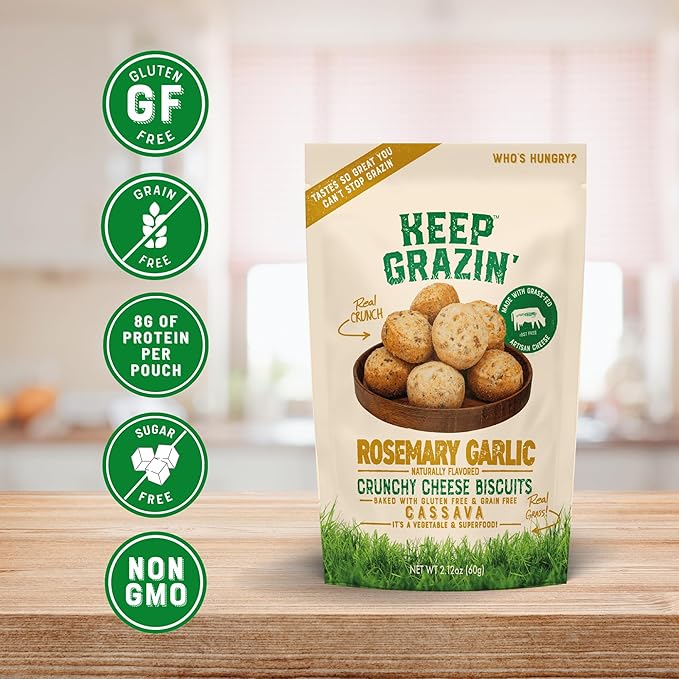Keep Grazin Grain Free Crunchy Cheese Biscuits - Rosemary Garlic Flavoured | 2.12 Ounce (Pack of 3) | Gluten & Sugar-Free, Non-GMO Protein Snacks - Baked with 100% Grass-Fed Cheese & Cassava Flour